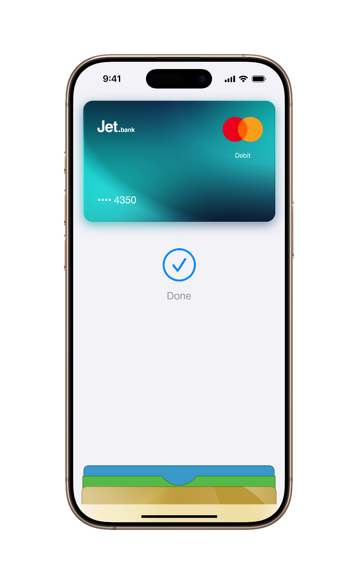iPhone showing digital wallet with bank card