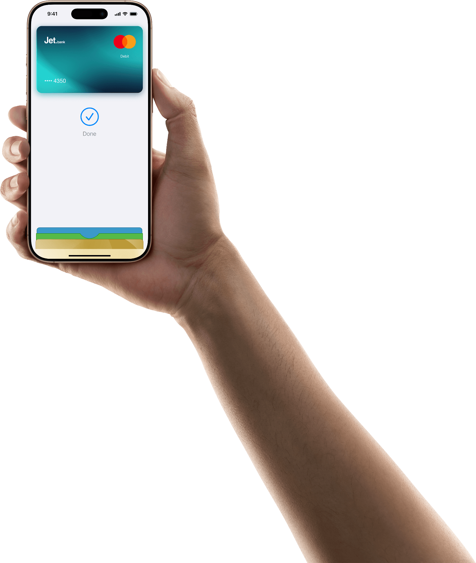 Hand holding iPhone showing Jet.bank card in Apple Wallet